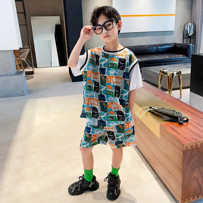 Teen Boys Clothes Set Fake Short Sleeve T-shirt + Shorts Summer Dinosaur Kids Sports Suit Children 2PCS Outfits 5 7 9 11 13 14 Y
