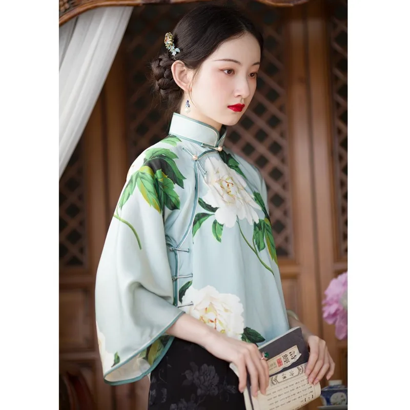 

Print Tang Suit Top Stand Collar Chinese Traditional Women Hanfu Shirt China Style Vintage Elegant Blouses Femme Loose Casual