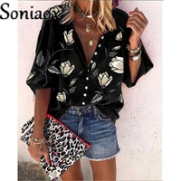fashion women floral print blouse shirt 2022 spring summer casual long sleeve v neck ladies buttons tops loose plus size blouses