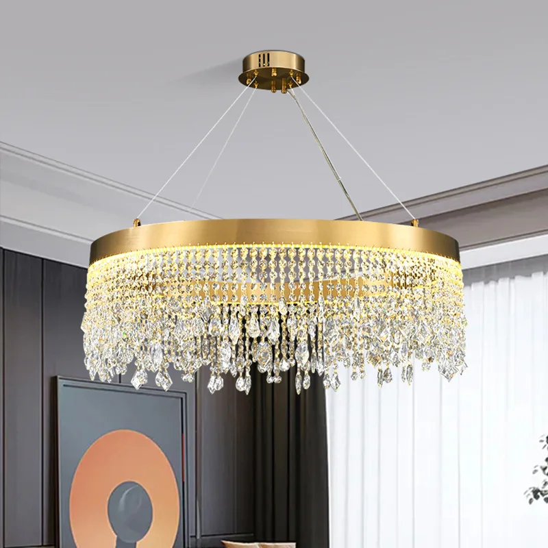 

Led Tassels Crystal Circular Pendant Light Luxury Golden Chandeliers Living Room Bedroom Restaurant Ceiling Lamps