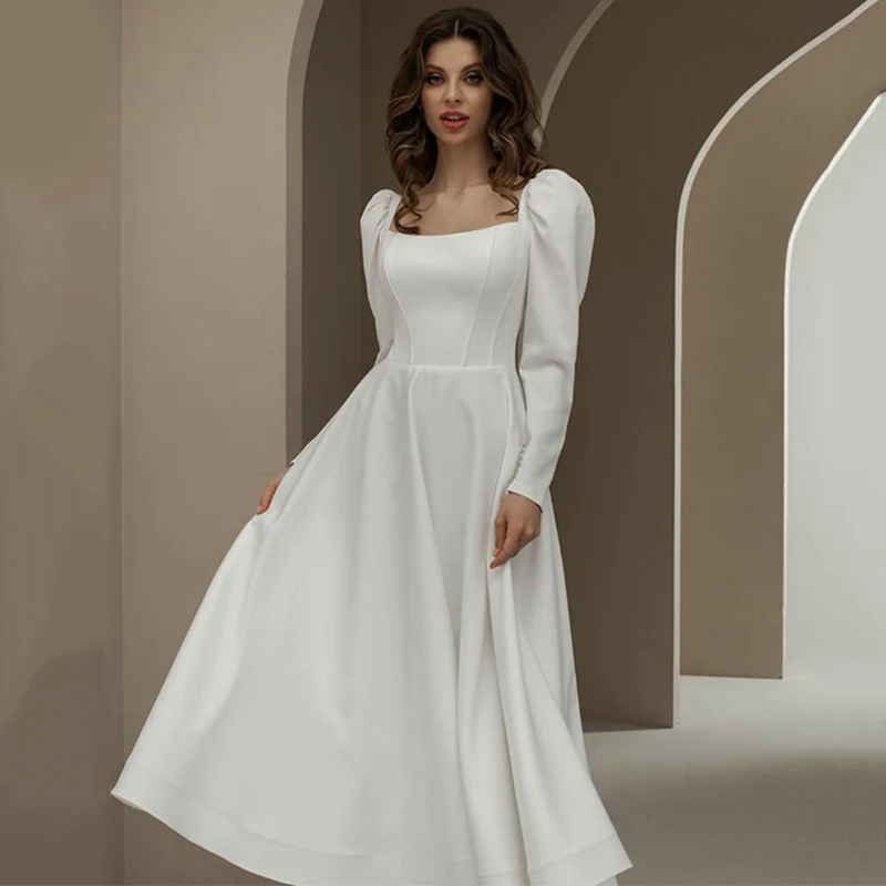 

Женское атласное свадебное платье It's yiiya, белое элегантное платье с квадратным вырезом, длинными рукавами-фонариками и молнией на спине на л...
