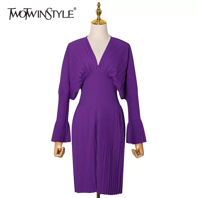 

TWOTWINSTYLE Vintage Printed Pleated Dress For Women V Neck Flare Sleeve High Waist Elegant Dresses Female Fashion New Clothes