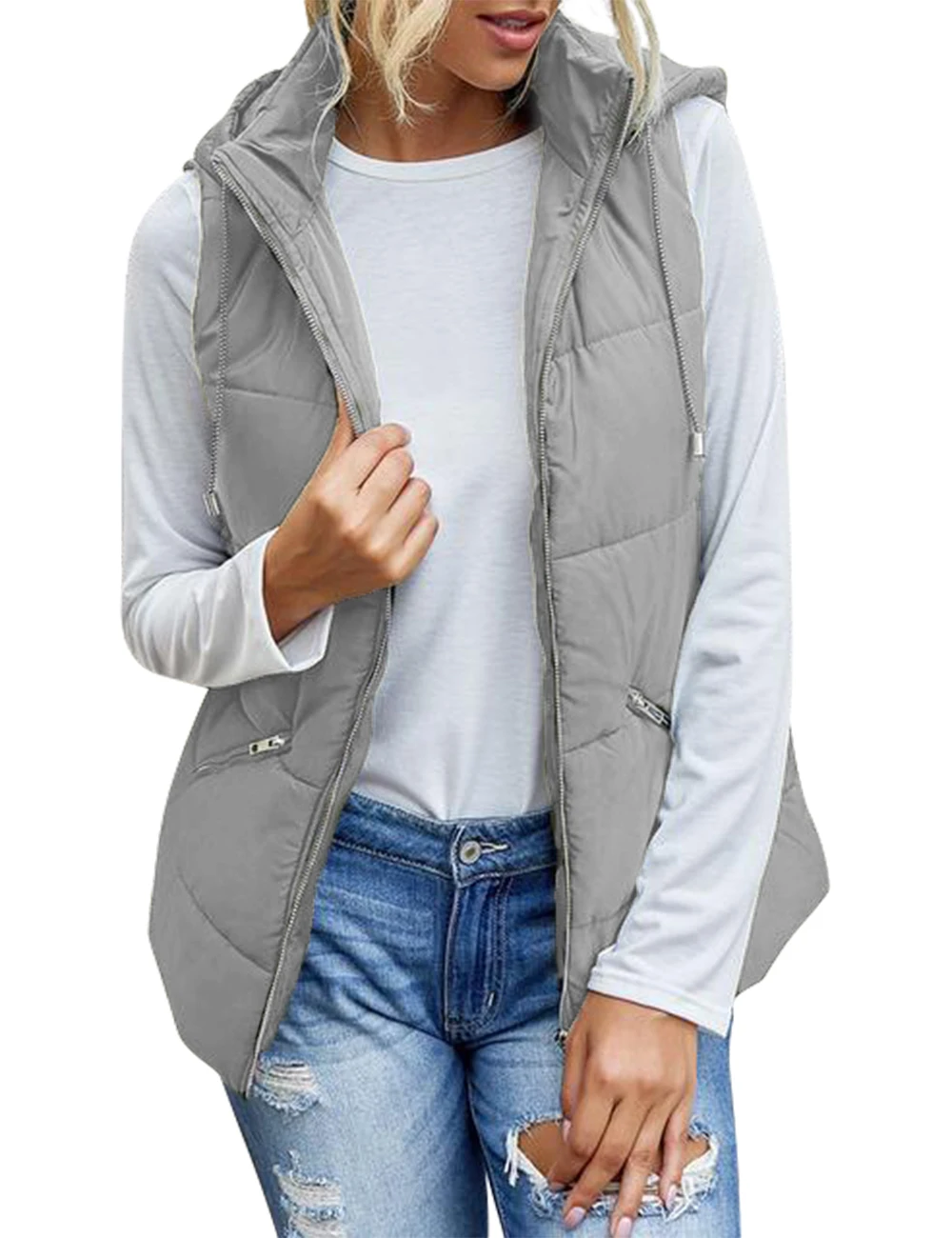 Women's Lightweight Zip Up Hooded Vest Fashion Sleeveless Quilted Jacket With Pockets