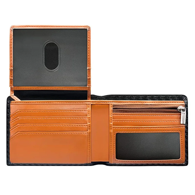 

Bi-Fold Wallet Slim Simple Carbon Fiber Contrast Color Blocking Leather Zipper Coin Pouch Men's Wallet