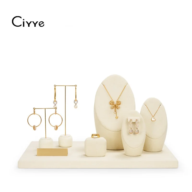 

Ciyye Beige Microfiber Jewelry Counter Display Set Props Shop Cabinet Display for Necklace Earrings Ring