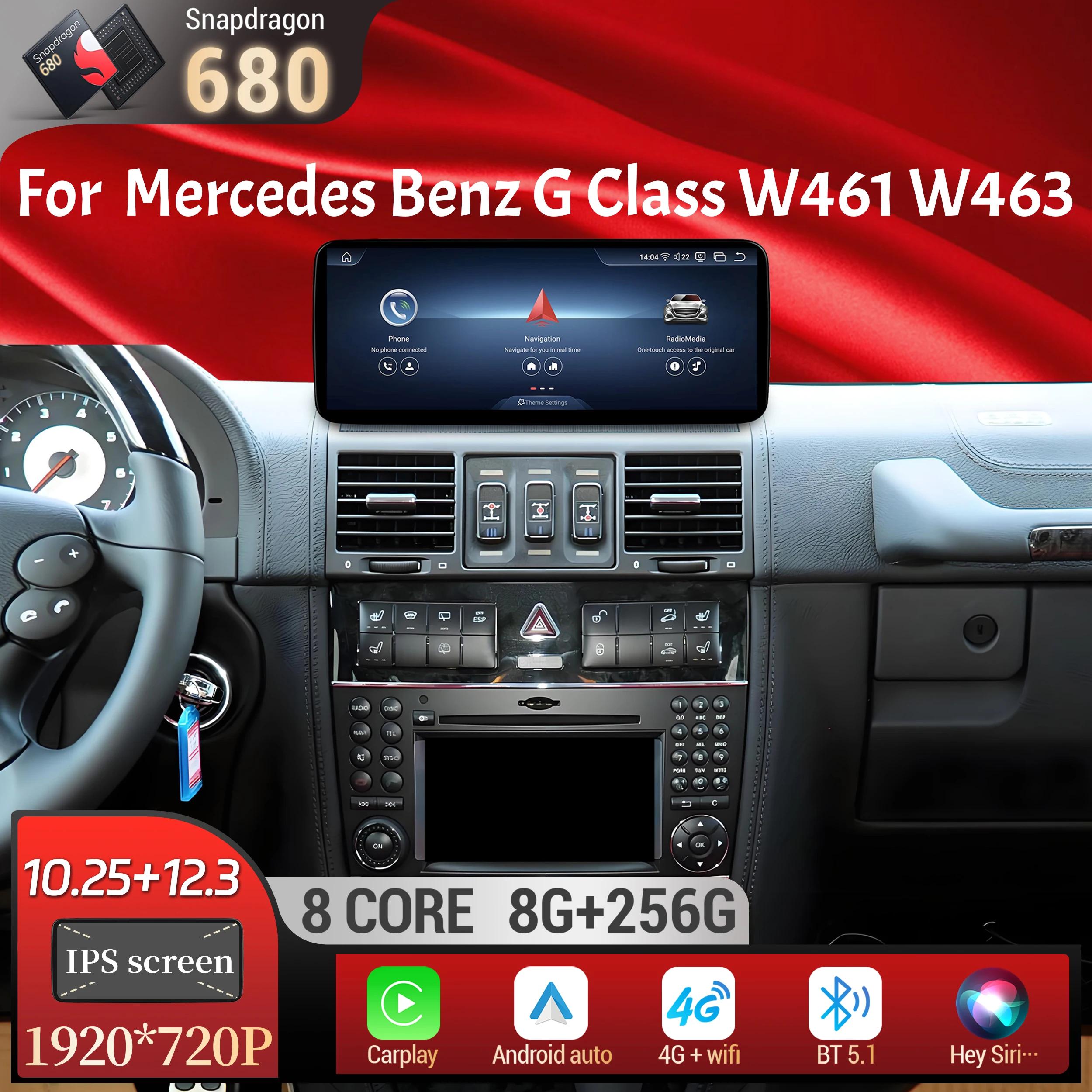Фото Автомагнитола для Mercedes-Benz G-класса G500 G55 W461 W463 2008-2015, Android 14, беспроводной Bluetooth, CarPlay, Snapdragon 680, головное устройство с экраном №1