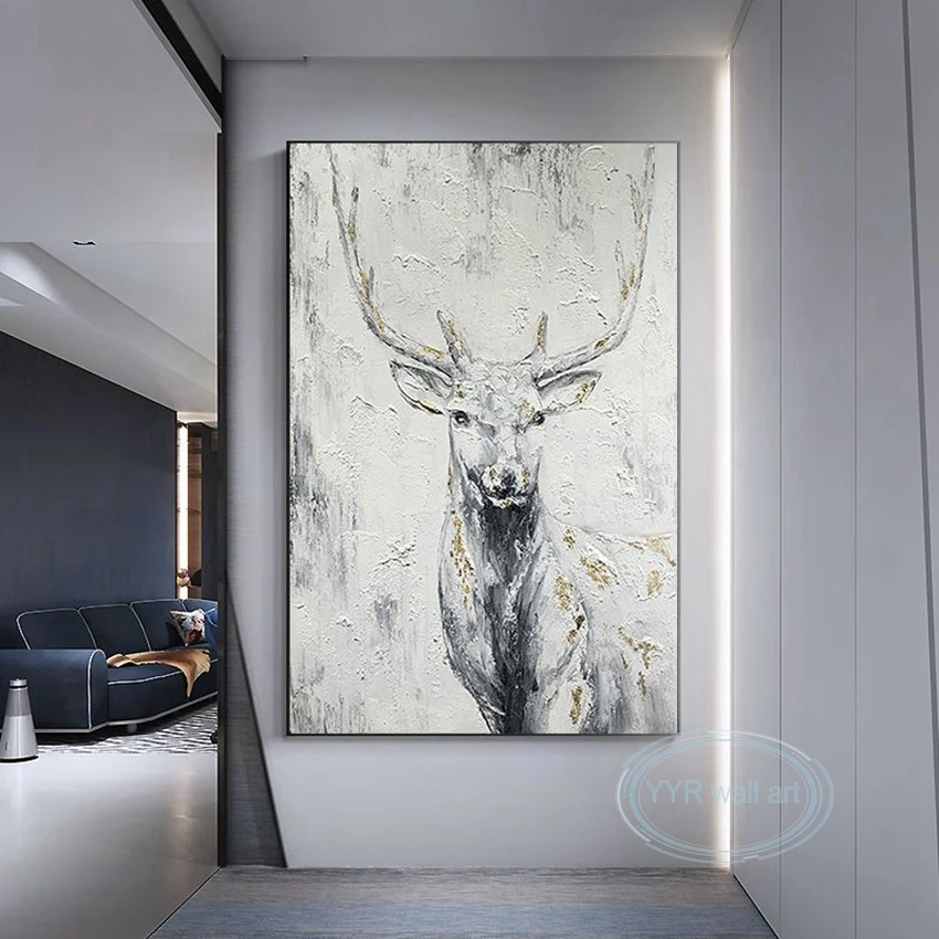 

Animal Decoration Home Poster Handmade Oil Painting Abstract White Deer Wall Art Hanging Picture Living Room Bedroom Restaurant