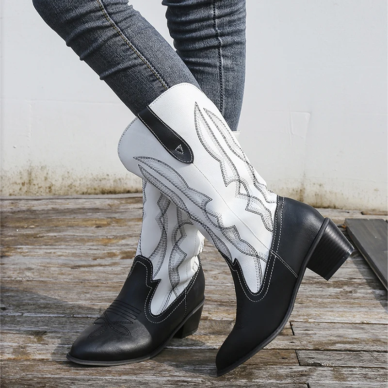 

Women Mid-Calf Boots Cowboy Short Modern PU Leather Boots High Heel Chunky Winter Casual Shoes Autumn Cowgirl Boots 2022 New