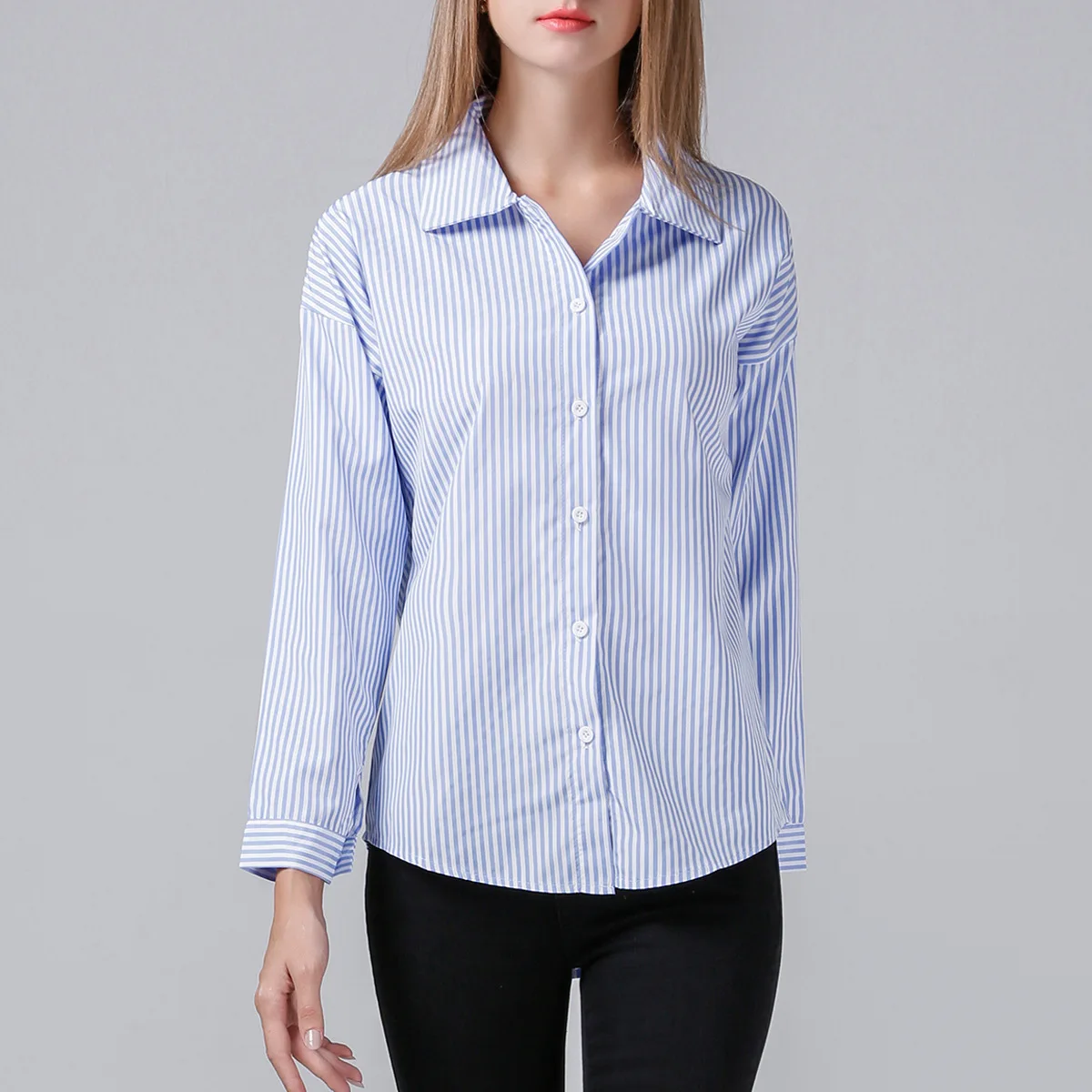 

Женская блузка в полоску, с отложным воротником и длинным рукавом