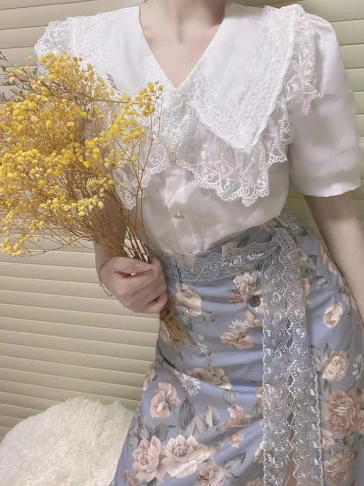 

2023 Summer Elegant 2 Piece Dress Set Women Short Sleeve White Blouse + Floral Midi Skirts Office Lady Korean Fashion Suit Chic