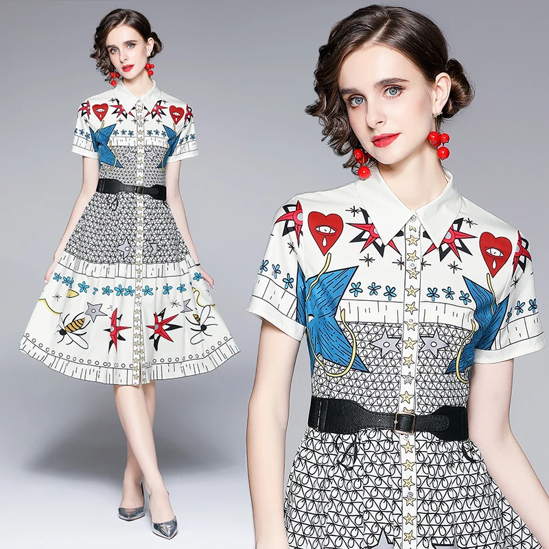 

Женское платье с принтом, свободная одежда с коротким рукавом, новинка, Офисная Женская трапециевидная юбка с открытой спиной, MidHouthion