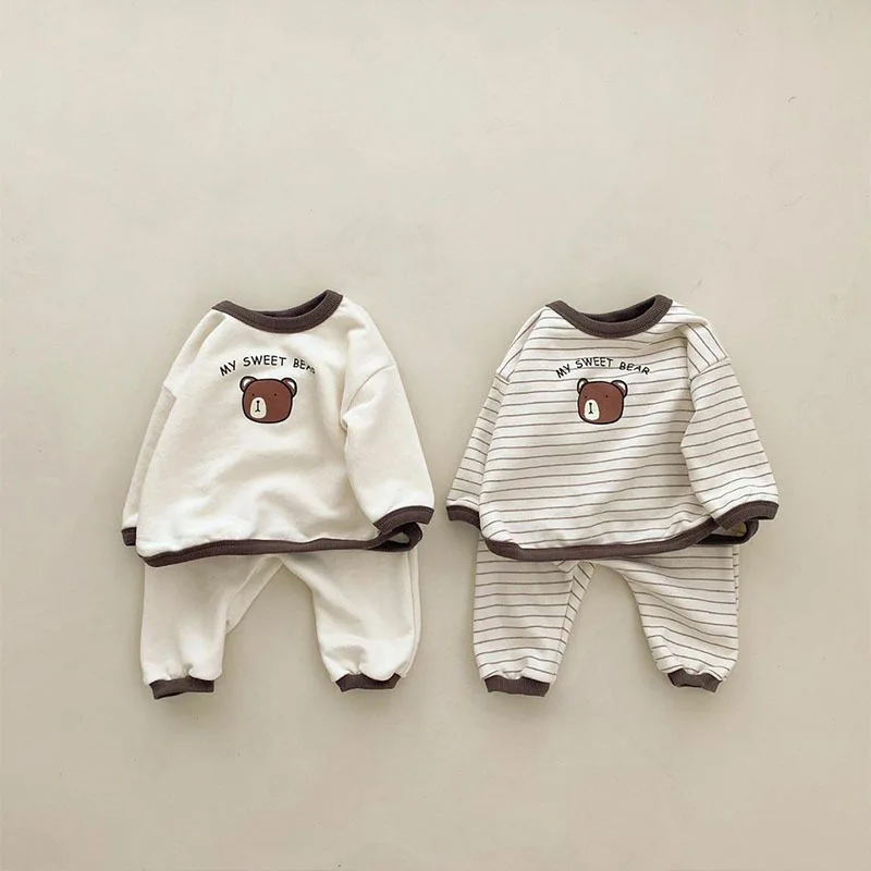 

2022 Autumn Boy Girl Children Cartoon Long Sleeve Tshirt Set Kid Bear Letter Tops+Solid Pants Suit Baby Cotton Striped Tees Sets