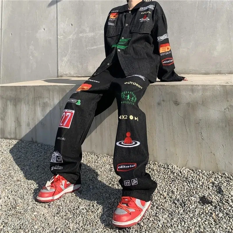 American High Street Printed Jeans Men Women Couples With The Same Loose Straight Hip-Hop Personality Street Pants Trendy Winter