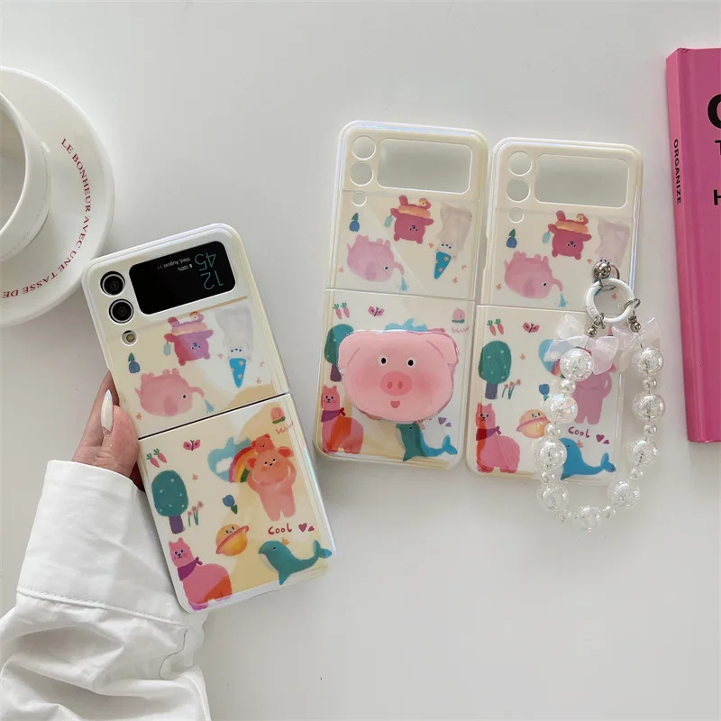Cartoonl Rabbit Frog Pig Dolphin Phone Case for Samsung Galaxy Z Flip 4 3 Hard Cover for ZFlip3 Zflip4 Solid Shell Bracket