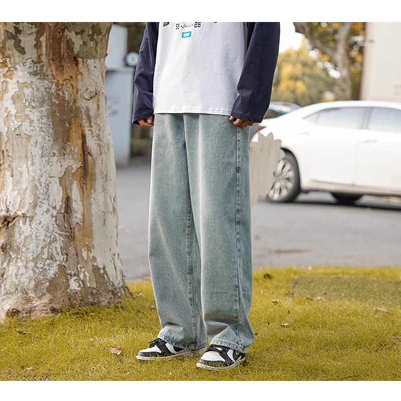 Men Clothing 2022 New Pattern Vintage Recreational Wathet Pants Straight Cylinder Comfortable Versatile Loose Jeans Autumn Women