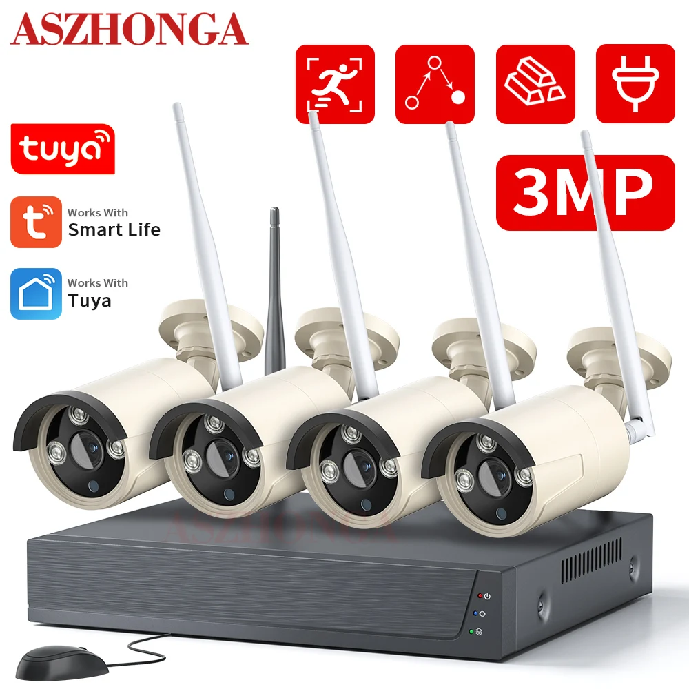 

Умная наружная камера безопасности TUYA, 4 канала, 3 Мп, беспроводная Wi-Fi камера видеонаблюдения, сетевой видеорегистратор, IP-камера с жестким д...