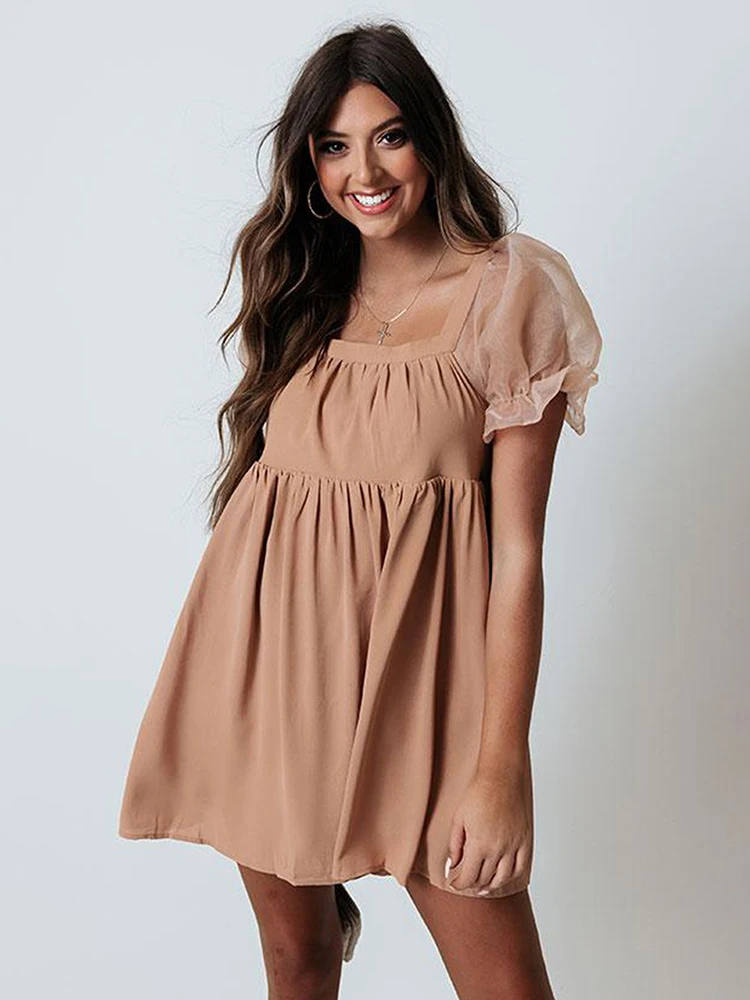 

Trendeez Casual Plain Square Collar Puff Sleeve Pleated Mini Dress