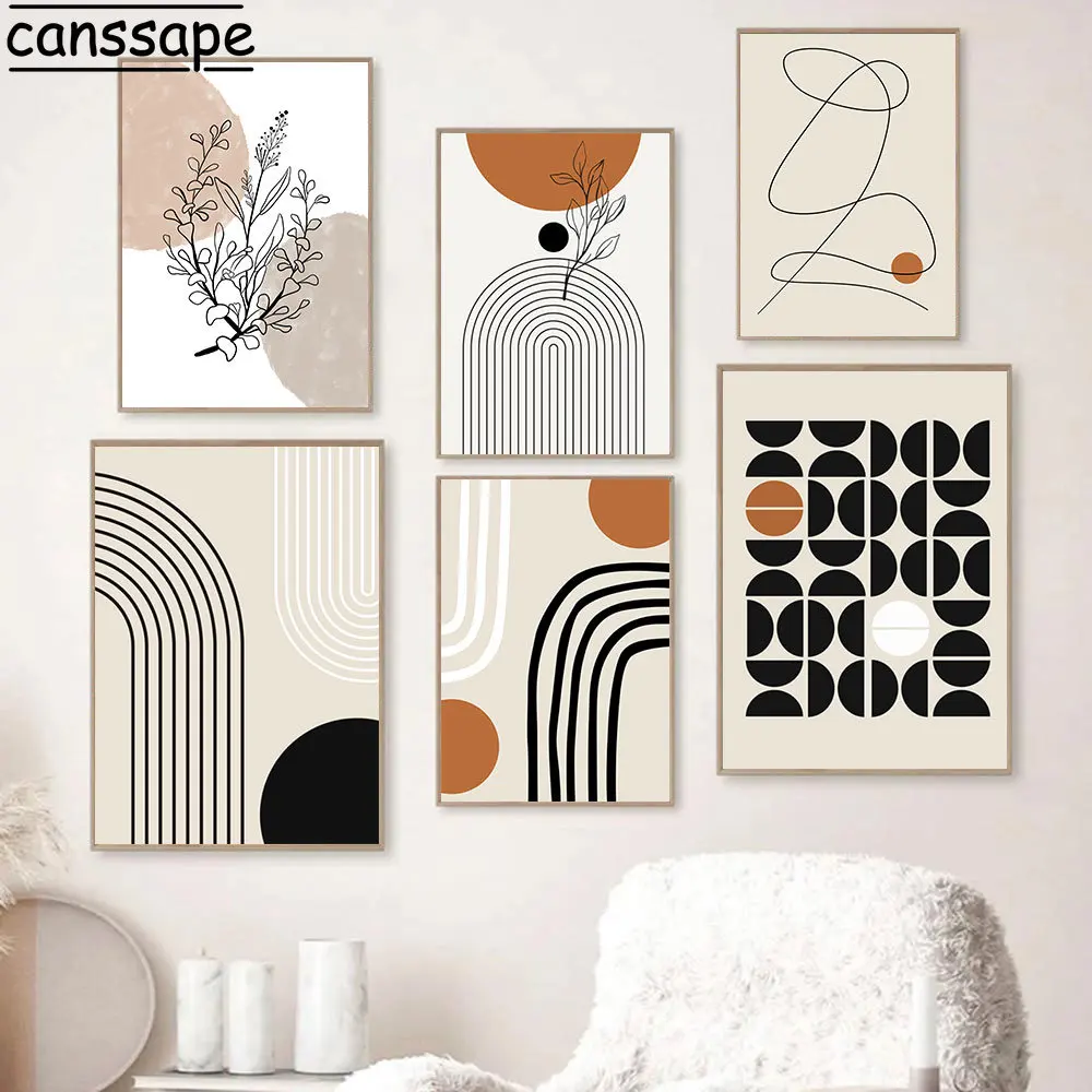 

Boho Leaves Print Painting Abstract Lines Wall Decor Geometry Semicircle Wall Art Poster Nordic Canvas Posters Living Room Decor