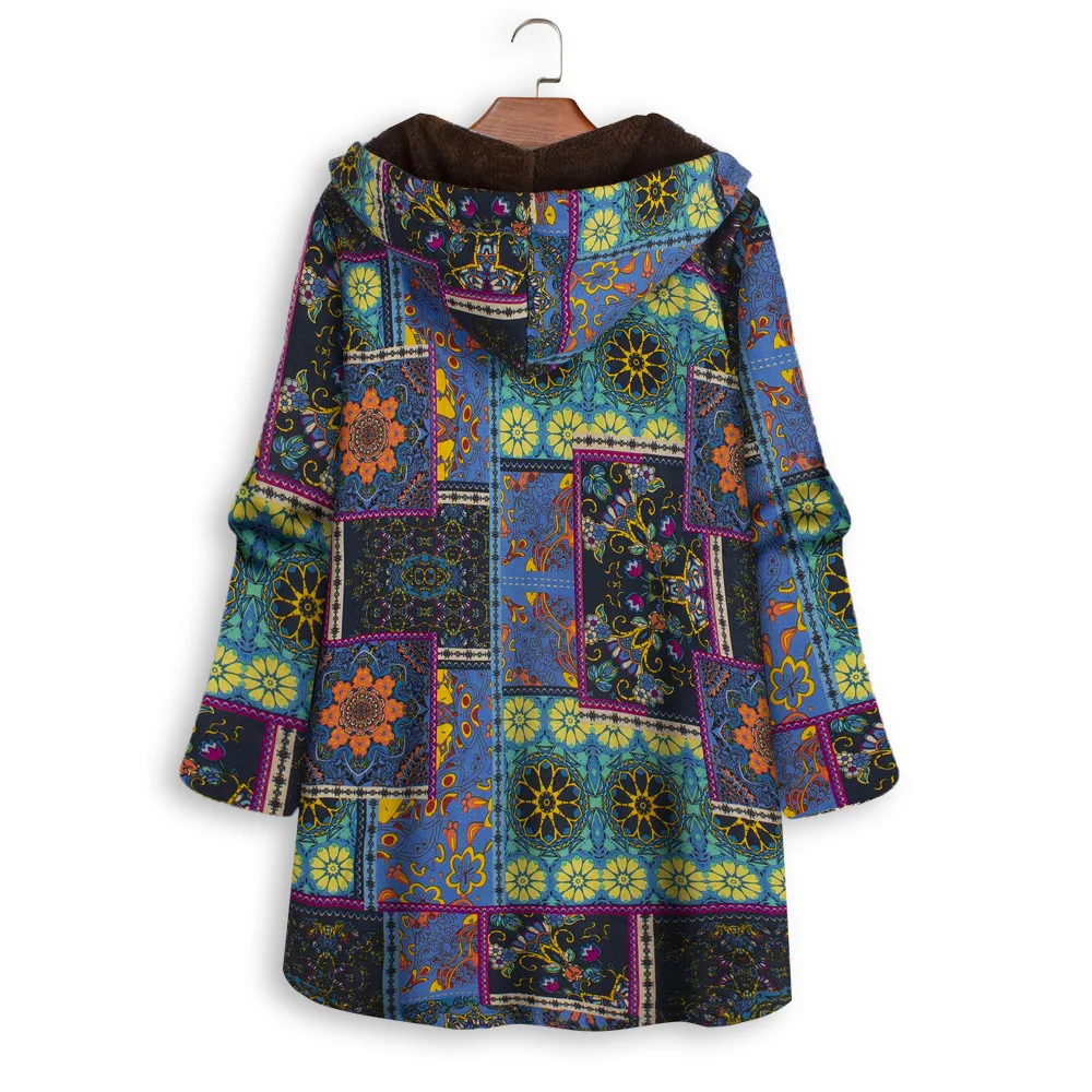 Cotton and Linen Velvet Hooded Winter Coat Jacket Women Floral Printed Loose Medium Length Fall Outfits Ey*