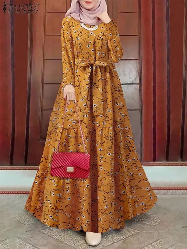 

ZANZEA Floral Printed Long Sleeve O-Neck Muslim Dress Ramadan Dubai Turkey Sundress Women Islamic Vintage Elegant Maxi Robe 2022
