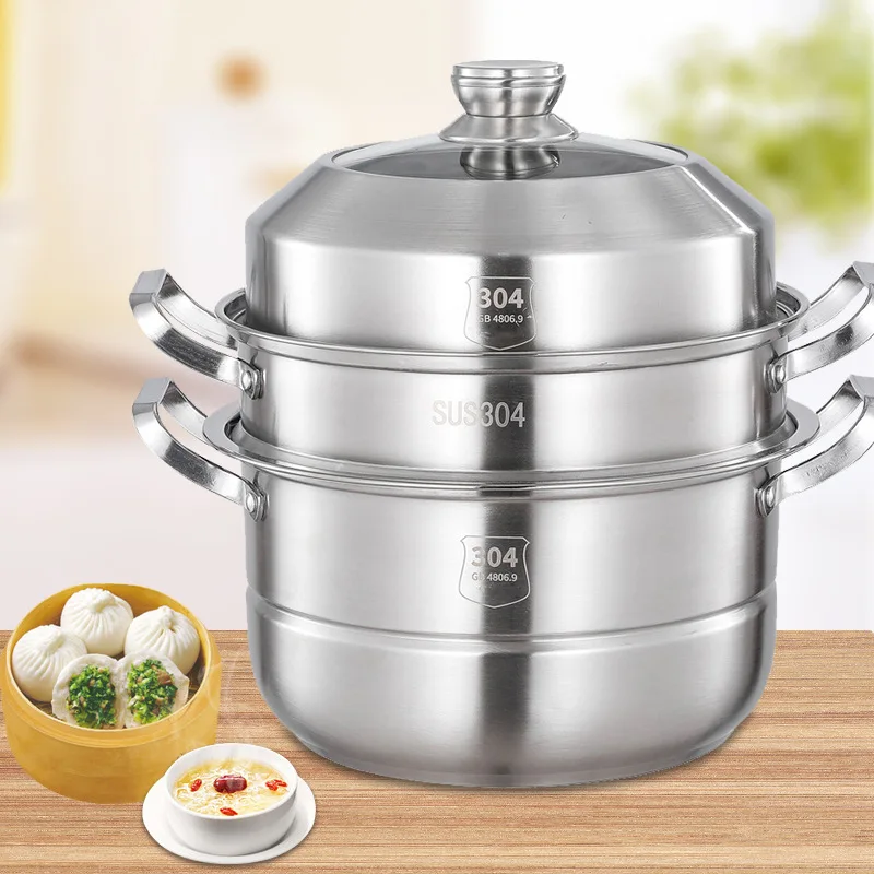 

304 Stainless Steel Food Steamer Three Layers Thick Steamer Household Double-layer Dumplings Drawer Steamed Stuffed Bun Cooker