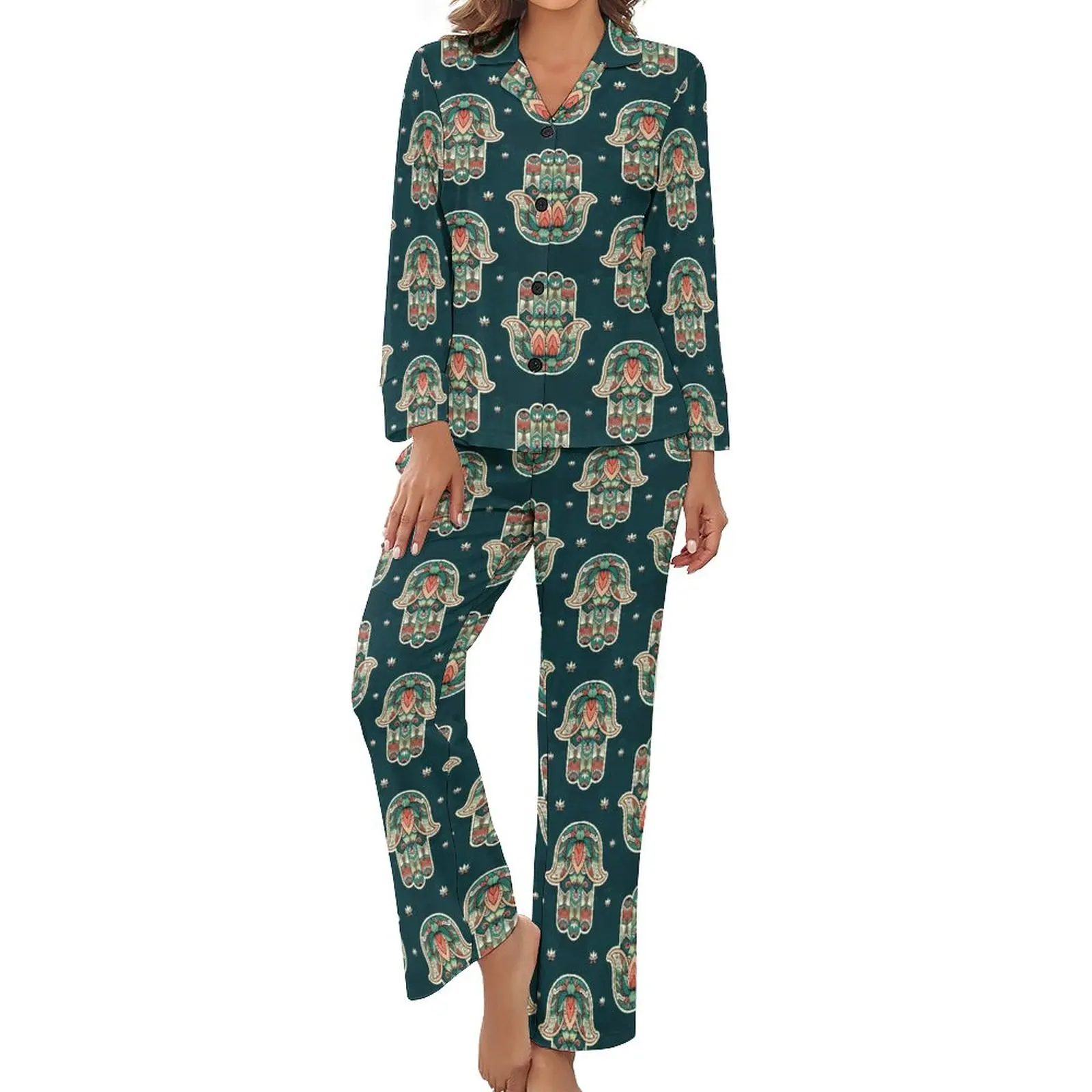 

Hamsa Hand Print Pajamas Abstract Floral Long Sleeves Retro Pajamas Set 2 Pieces Leisure Autumn Design Sleepwear Gift Idea