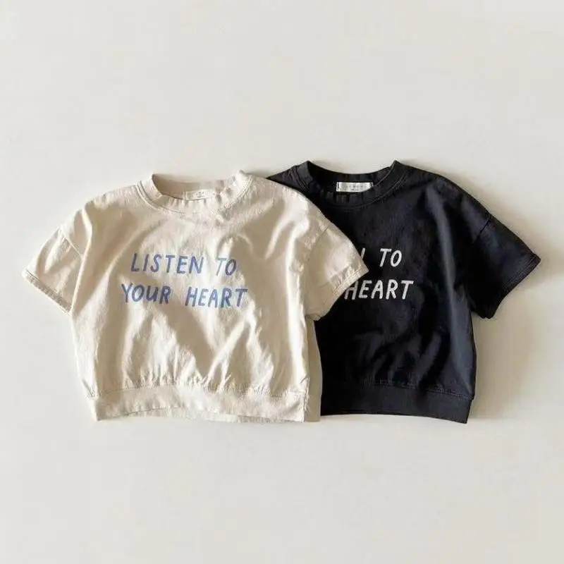 

Spring Summer Kid Fashion T-shirt Handsome Boy Dot All-match Short Sleeves Tops Toddler Tees Girl Simple Letter Cotton Tshirt