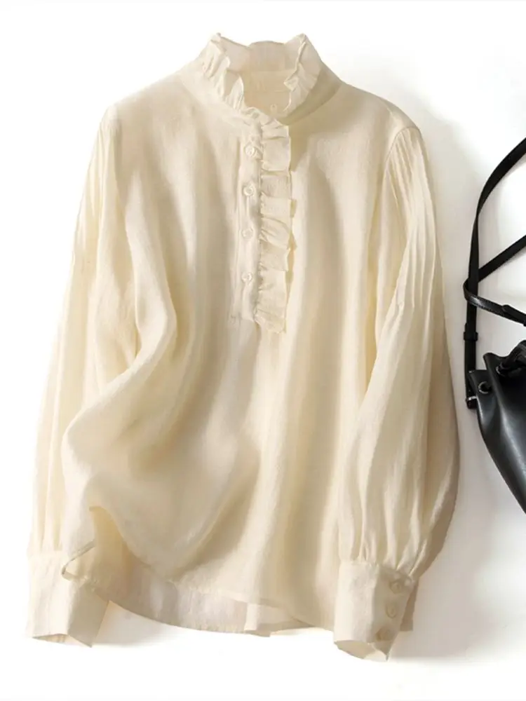 

Women Tunic VONDA Autumn High Neck Lace Tops Women Long Puff Sleeve Solid Color Blouse OL Office Formal Blusas Femininas Tops