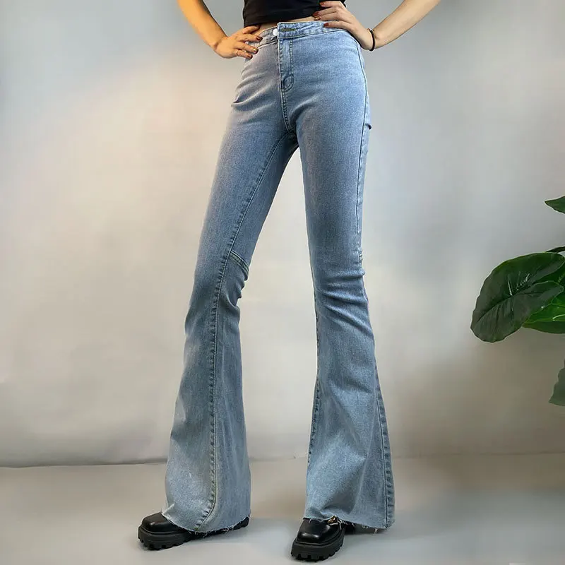 

Женские джинсы-клеш с завышенной талией, винтажные облегающие брюки из денима Y2K, повседневные длинные брюки небесно-голубого цвета с колокольчиками в уличном стиле, 2023