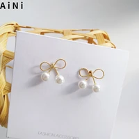 s925 needle sweet bowknot earrings fashion korean temperament metal golden plating simulated pearl earrings for girl gifts