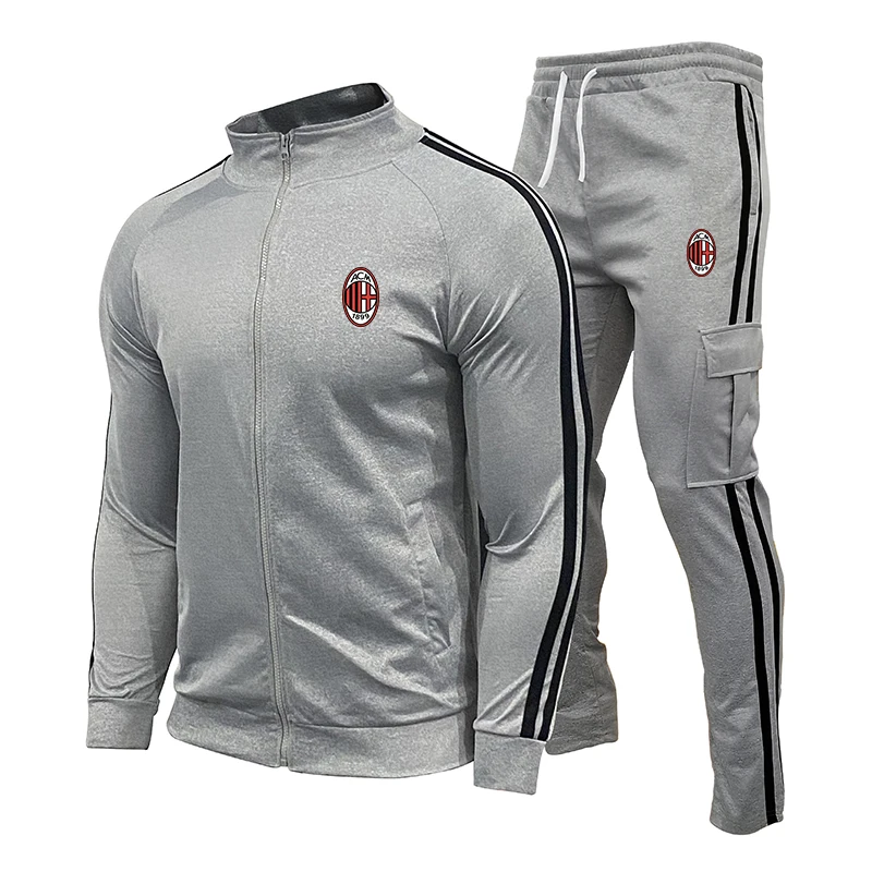 2023 Spring New Football Team Men's Suit Stripe Zipper Cardigan Two Pieces Casual Tracksuit Male Sportswear Gym Brand Clothing
