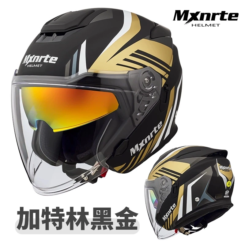 ECE Approved Mxnrte Gatling Black Gold Helmet Men and Women Double Lens Half Motorcycle Off-Road Safety Casque