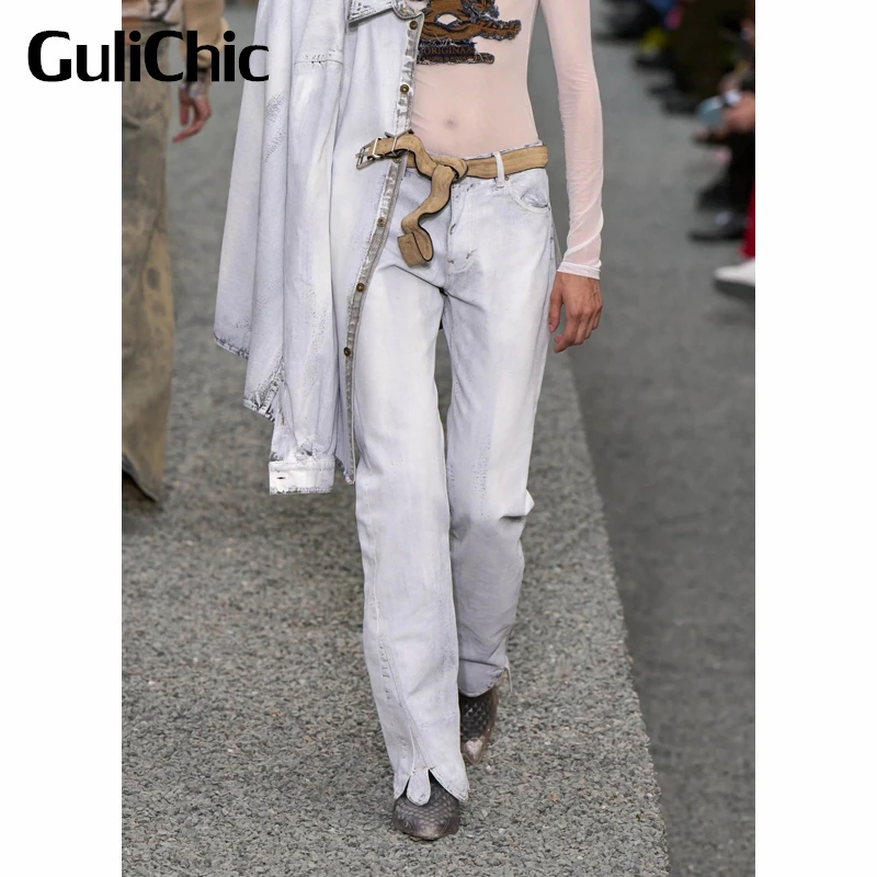 

5,18 шикарные женские винтажные потертые отбеленные джинсы GuliChic из хлопка прямые джинсы без пояса
