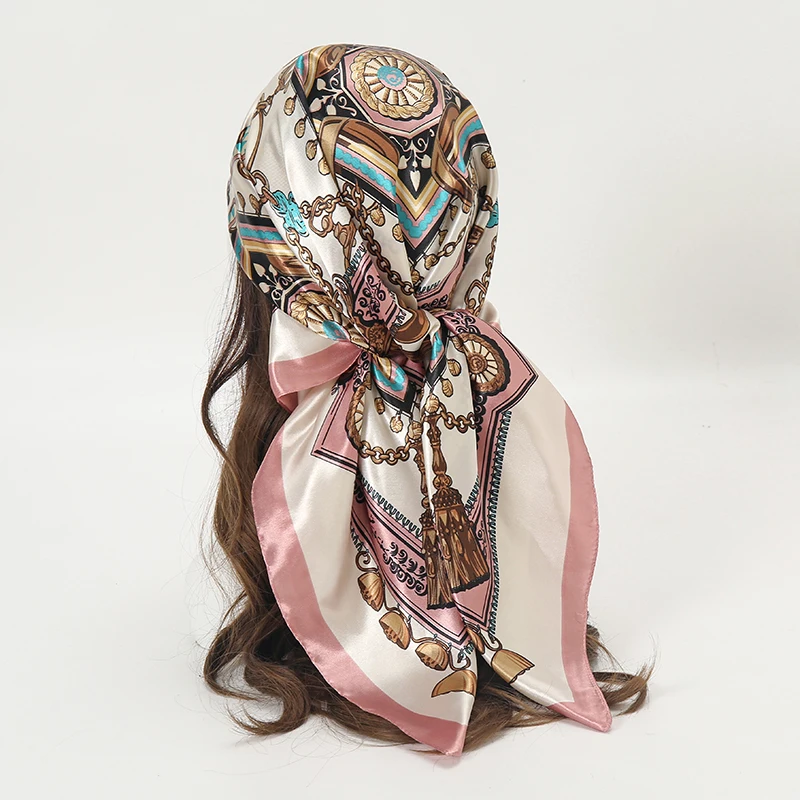 

Print Muslim Headband Hijab Elegant Neckerchief Silk Satin Square Scarf WomenShawl Wraps Handle Hair Accessories Bandana 2022