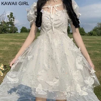 2022 new kawaii soft girl dress mori girls hepburn puff sleeve midi dress women cute lively sweet lace embroidery a line dresses