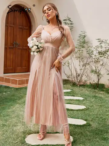 Simplee V-образным вырезом прозрачная Тюль Элегантные Свадебные вечерние платья для женщин с рукавом-фонариком с завышенной талией, розовое пл...