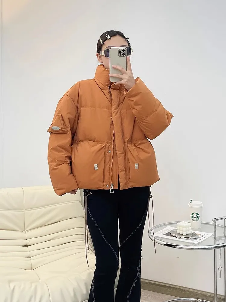 

2023 Winter Cotton-padded Down Jackets Women Loose Solid Thick Fall Pockets Bread Coat Girls White Overcoats Casual Wear A01