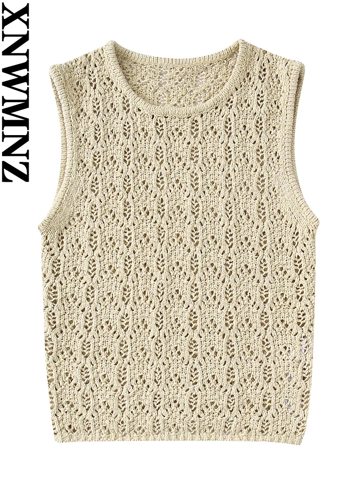 

XNWMNZ summer woman fashion resort knit top women vintage chic crewneck sleeveless crochet sweater vest for women's