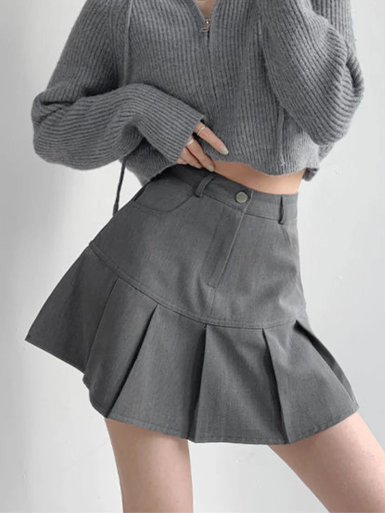

HOUZHOU Grey Mini Pleated Skirt Women Korean Style Casual Cute High Waist Patchwork Slim A-line School Skirt for Girls Summer
