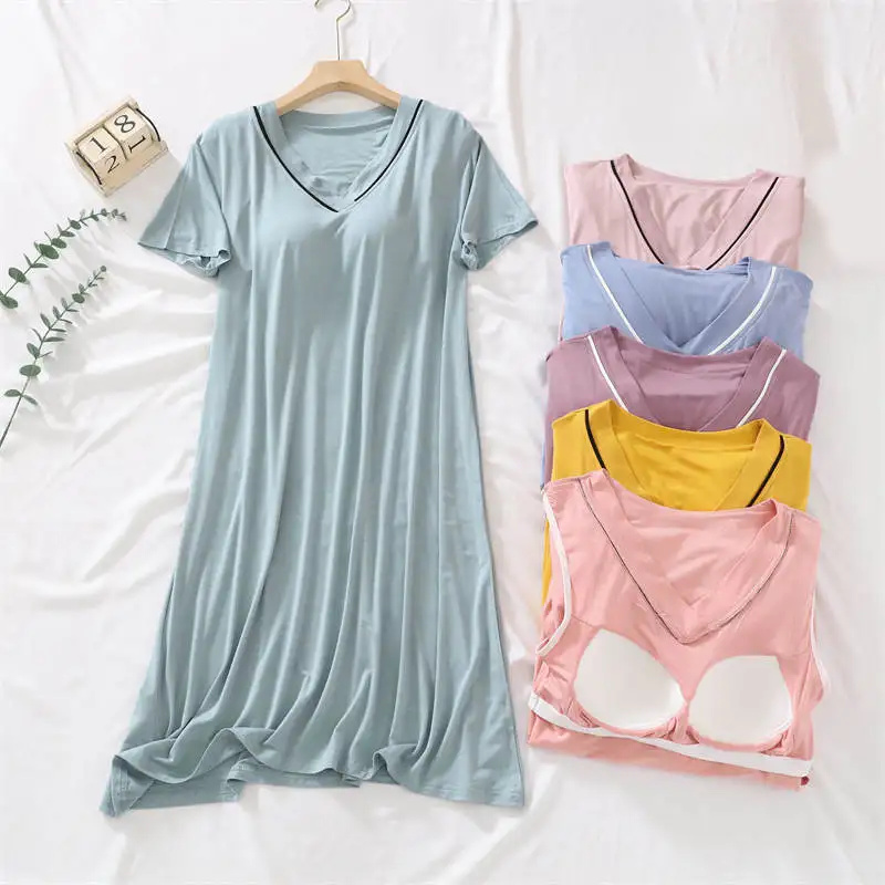 Modal Nightdress with Chest Pad Soft Cotton Nightgown for Women V Neck Nightshirts Short Sleeve Sleepwear Plus Size Nightdress