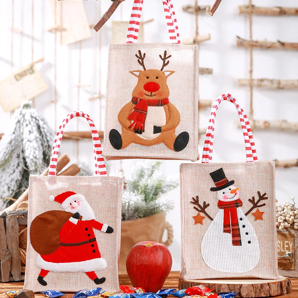

Christmas Gift Bags Santa Linen Bag with Handle Gift Package Party Candy Bags Xmas Decor Storage подарки на новый год 2023