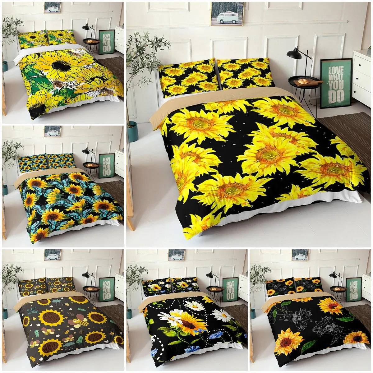

Sunflower Duvet Cover Set Yellow Flower Twin Bedding Set Black Gold Yellow Sunflowers Printed Quilt Cover for Kids Teens Adults