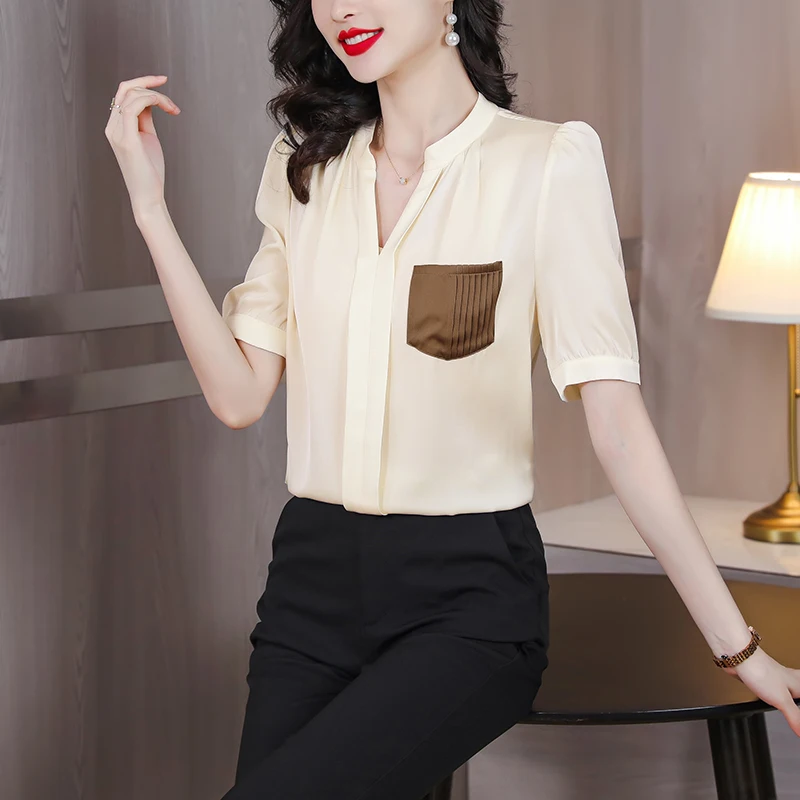 

Женская шелковая атласная рубашка с коротким рукавом и V-образным вырезом, однотонная свободная приталенная шифоновая рубашка, лето 2023
