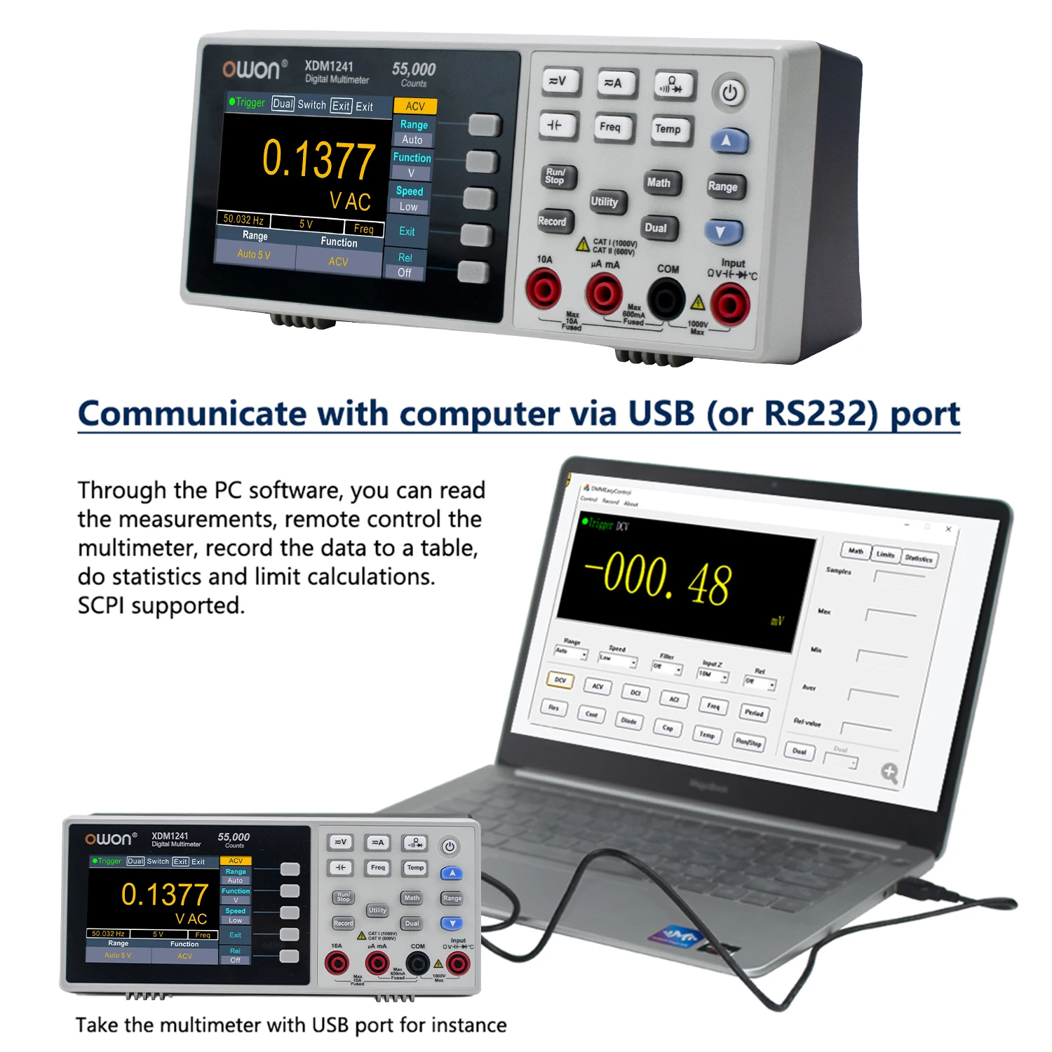 

OWON XDM1241 Bench Digital Multimeter 55000 Counts TrueRMS 3.5" LCD Current Voltmeter USB Deaktop Multimeters Meter With Battery