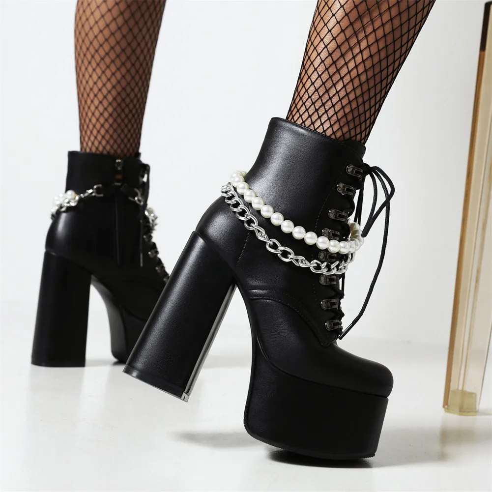 

RIBETRINI Goth Punk Platform women's Ankle Boots Lace Up Pearl High Heels Short Black Metal Chain Booties Women Winter Shoes New