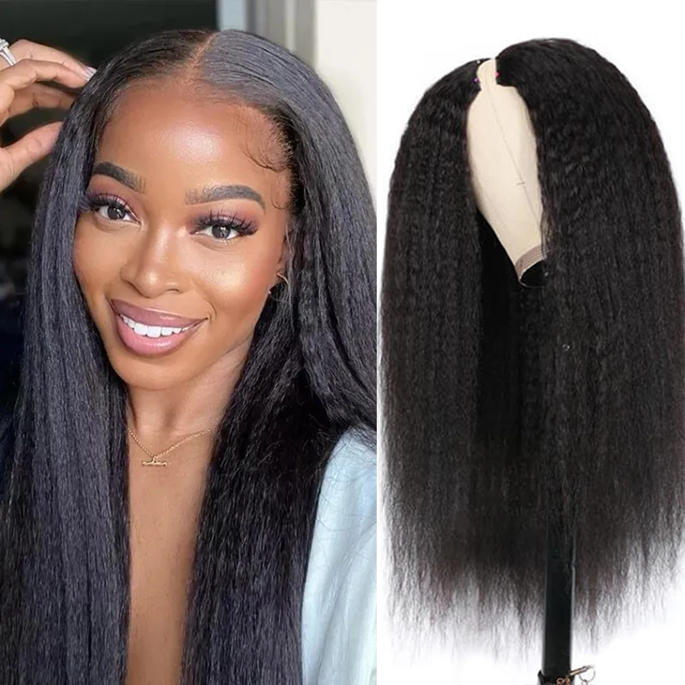 

Yaki Straight No Leave Out Brazilian Kinky Straight V Part Wig Human Hair Wig for Black Women 180% Density Glueless Virgin Hair