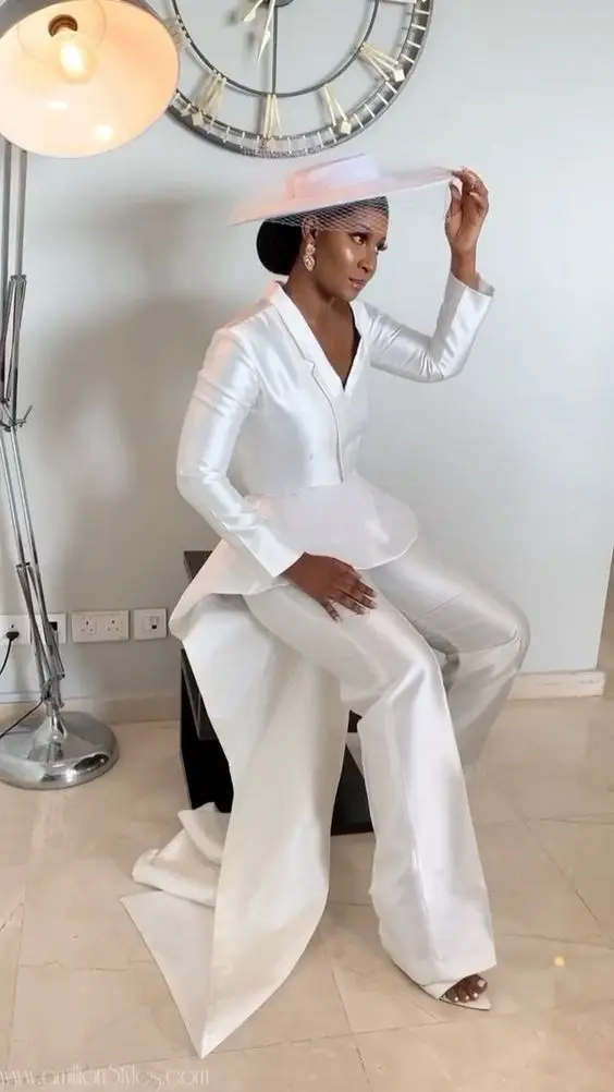 

Long Sleeve Stain Jumpsuit Wedding Dresses with Peplum Train 2022 Arabic Aso Ebi Simple Bridal Dress Pant Suit
