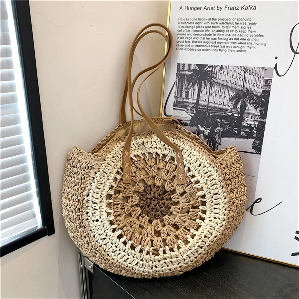 

Designer Round Straw Beach Bags for Women Large Capacity Shoulder Bag Rattan Woven Totes Bag Fashion Shopping Handbag Purse Sac