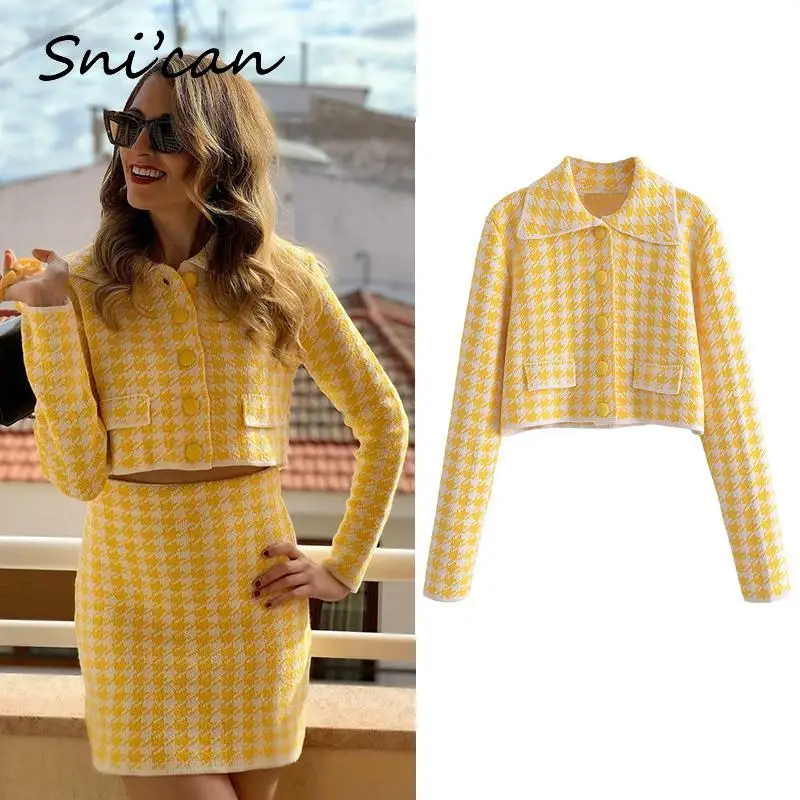 

Женский твидовый блейзер в клетку, желтый клетчатый пиджак в стиле «гусиные лапки», Офисная шерстяная куртка, винтажная верхняя одежда, вес...