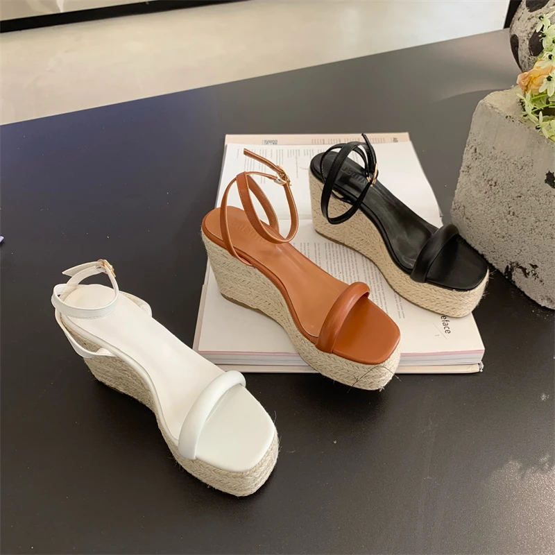 

Roman Sandals Espadrilles Platform 2023 Women's Clogs Wedge Suit Female Beige Heel Shoe Thick Square Toe Buckle Strap Gladiator